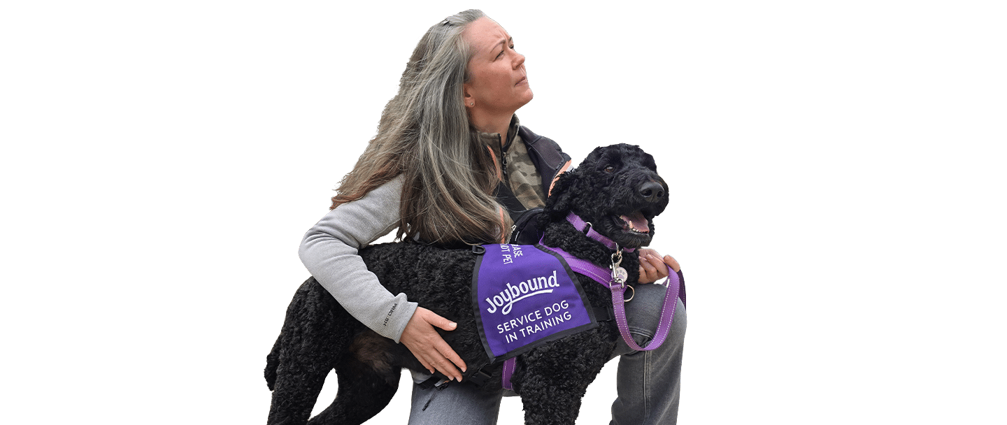 A woman with long gray hair holds a black dog wearing a purple vest labeled service dog in training, shown on a transparent background for service dog fostering.